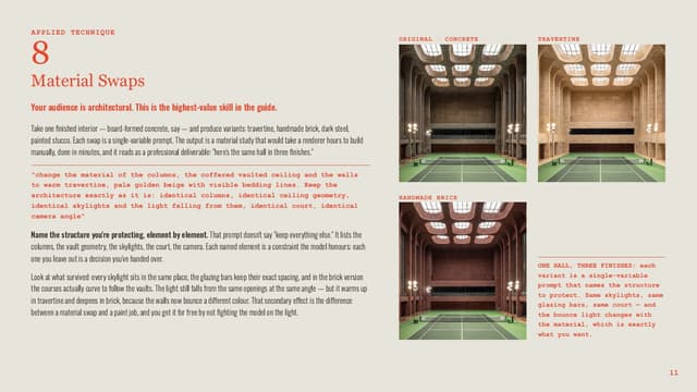 Spread: one hall rendered in three materials, prompt printed beside each