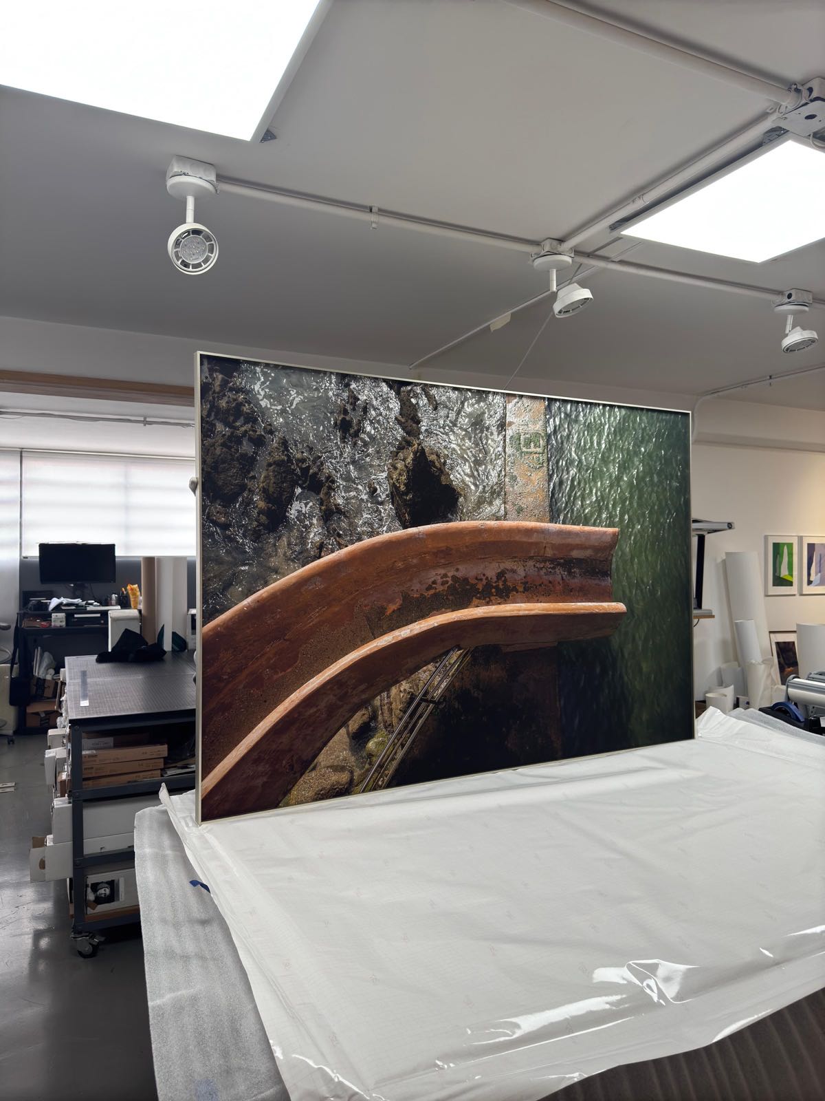 Large-scale framed piece in studio, ready for delivery — commission for the Casa del Maquio auction